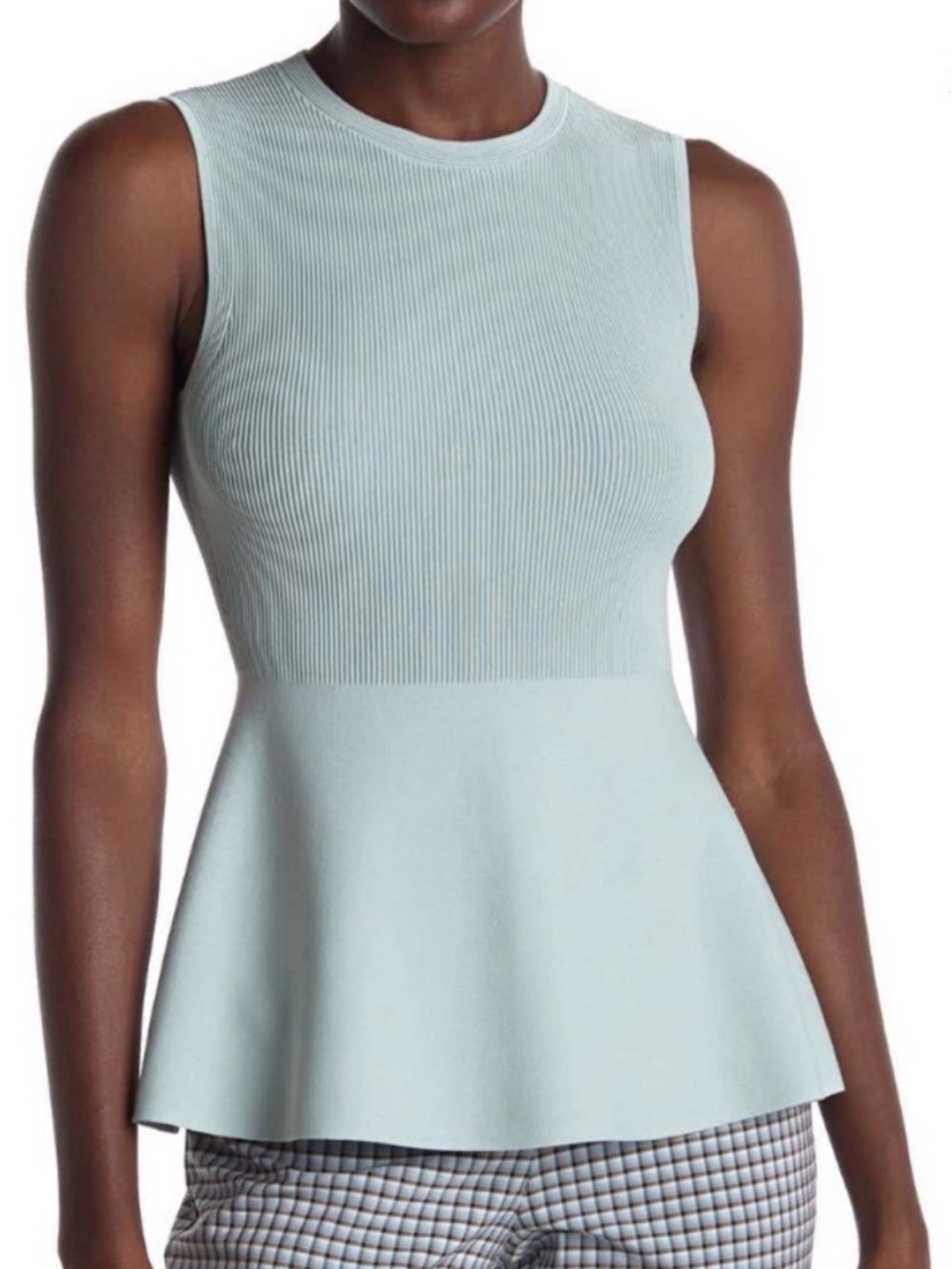 Theory NWT Textured Shell Sky Glossed Peplum Top Ribbed Knit $275